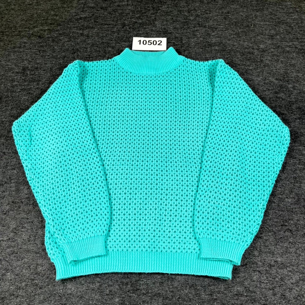 Vintage PASTA Sweater Womens Medium Teal Acrylic Open Knit Mock Neck Casual